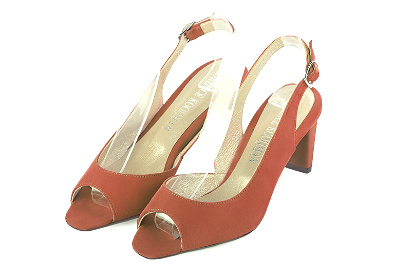 Terracotta orange women's slingback sandals. Square toe. Medium comma heels. Front view - Florence KOOIJMAN